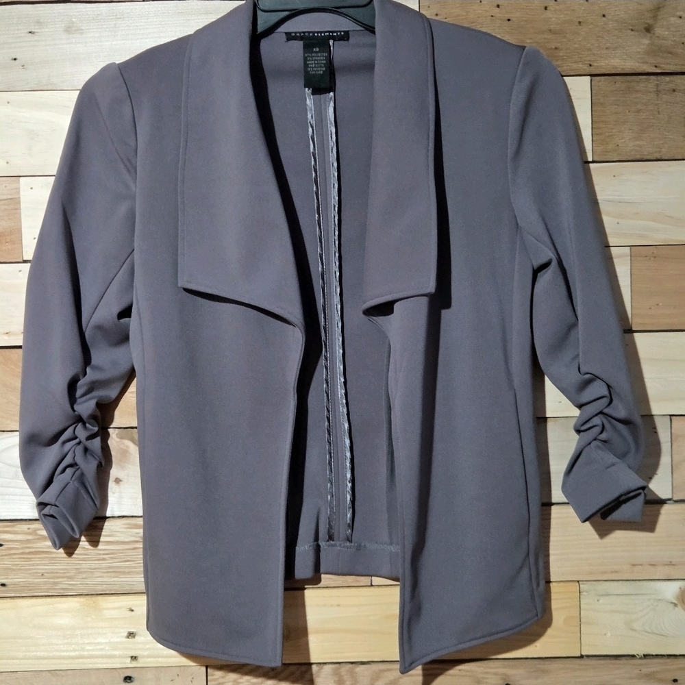 Open Front Blazer Jacket Ruched Sleeve Stretch Gray Office Career